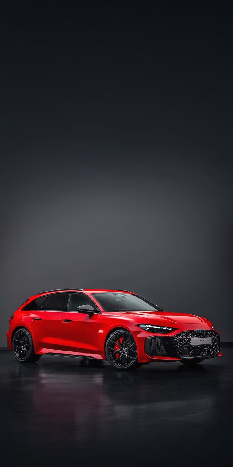 This 4K wallpaper captures the side profile of a red Audi RS5 under dramatic studio lighting. Enhance your iPhone with this high-end automotive aesthetic wallpaper.