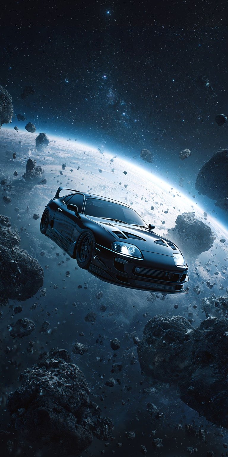This high-quality 4K wallpaper features a modified Toyota Supra drifting through a cinematic asteroid field in deep space. Designed for iPhone, this aesthetic wallpaper captures a moody, celestial atmosphere with cool blue lighting and detailed cosmic textures.