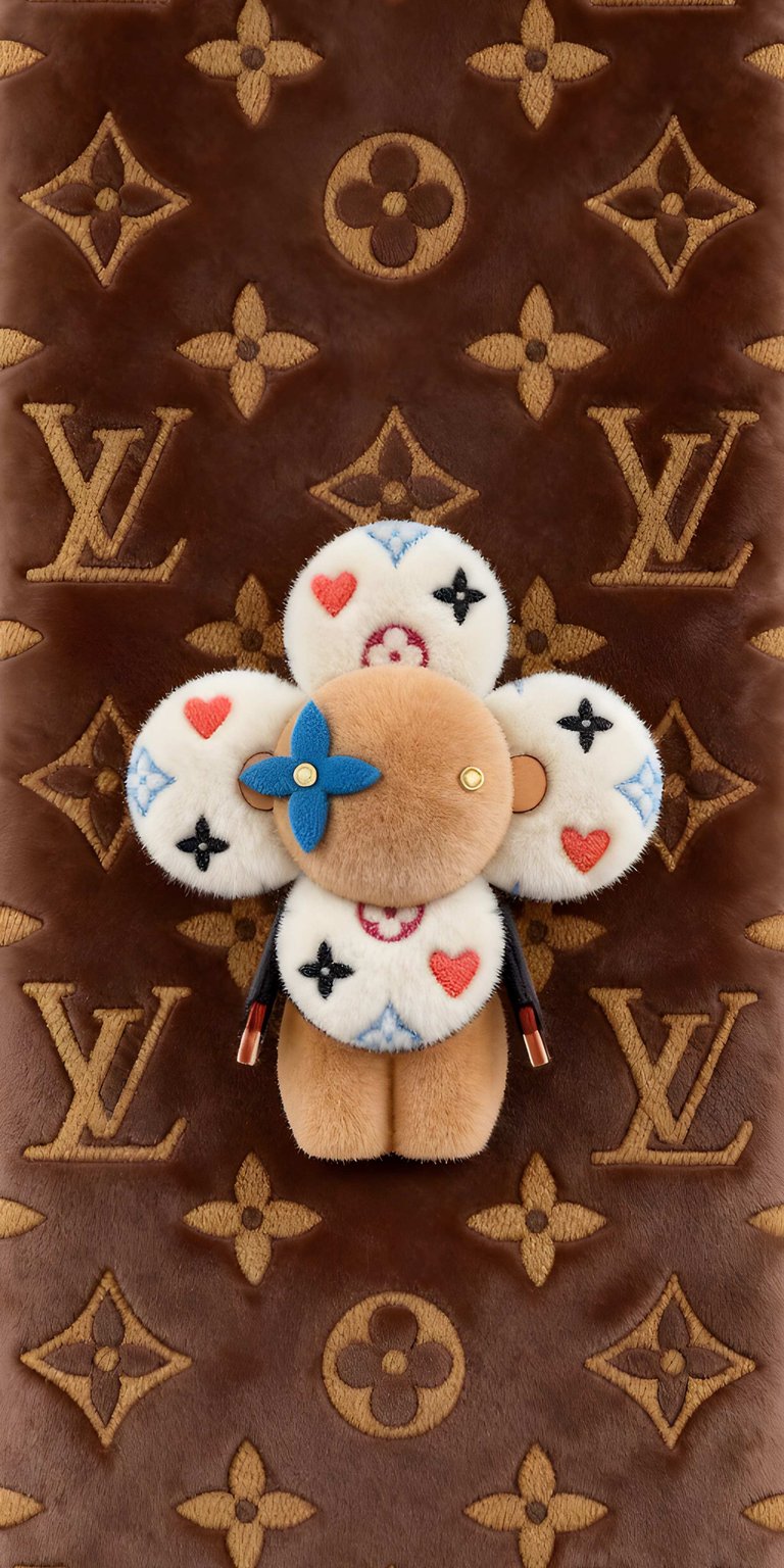 This adorable monogram mascot doll wallpaper features a high-definition 3D character against a classic brown pattern. Personalize your iPhone with this cute bear wallpaper showcasing floral eyes and a designer aesthetic.