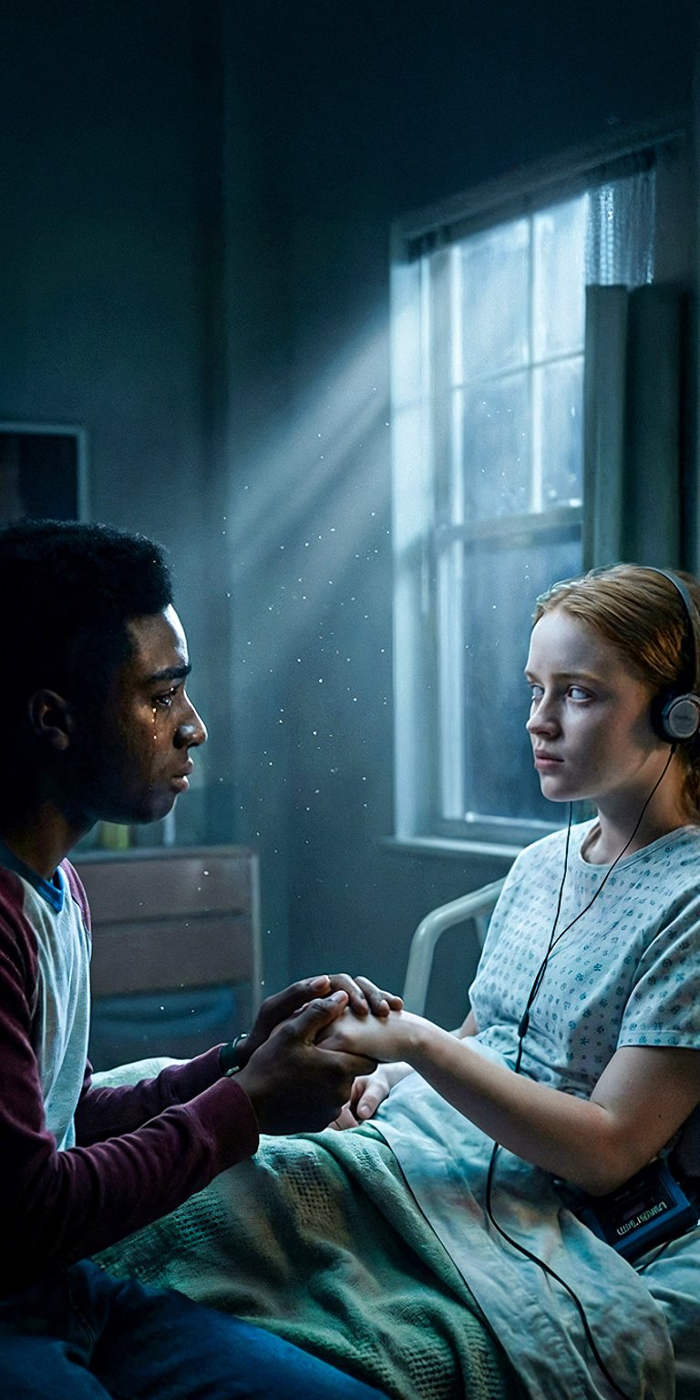 A touching 4K wallpaper depicting a tender moment between Max Mayfield and Lucas Sinclair (Caleb McLaughlin) in a hospital room. Max is seated or lying in a hospital bed, holding Lucas's hand, while dramatic rays of light stream through the nearby window. This captures their enduring bond and the emotional aftermath of the events in Stranger Things 4.