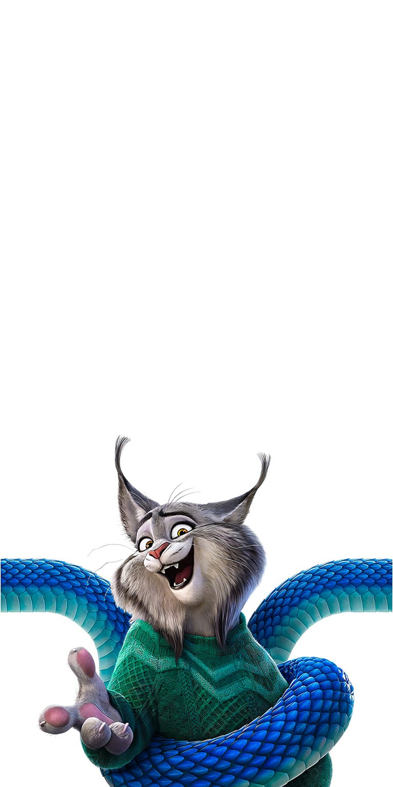 A dynamic character poster of Pawbert Lynxley (voiced by Ryosuke Yamada in the Japanese dub), a gentle lynx character from Zootopia 2, tangled up in the coils of the blue snake Gary De'Snake. The character's arrival and the chaos caused by the snake are central to the film's mystery. Ideal for Zootopia fans and those seeking a bold, animated home screen. Great for AMOLED and high-quality displays.