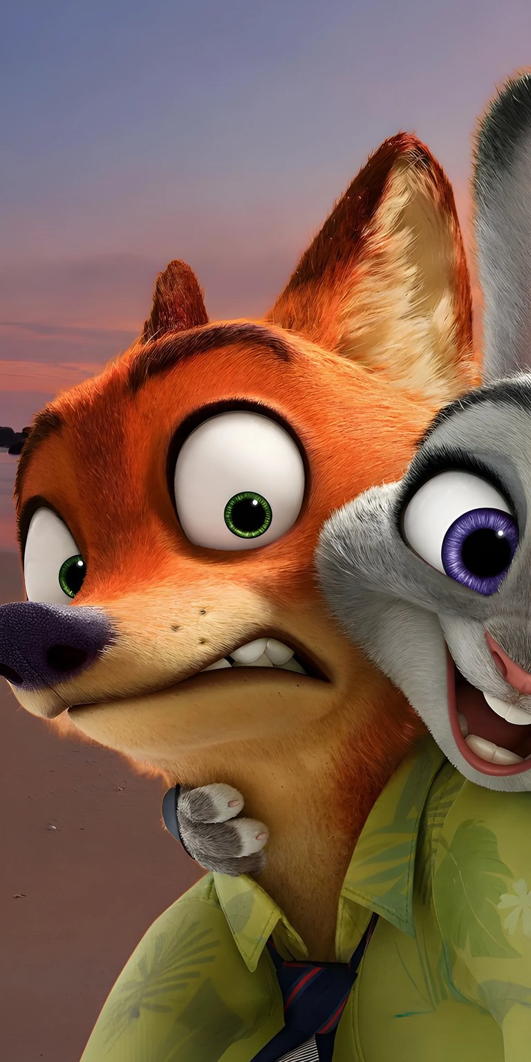 Download this high-quality Nick Wilde and Judy Hopps 4K wallpaper for your iPhone! This amazing wallpaper features the duo with shocked expressions, set against a warm sunset backdrop and Nick's green Hawaiian shirt.
