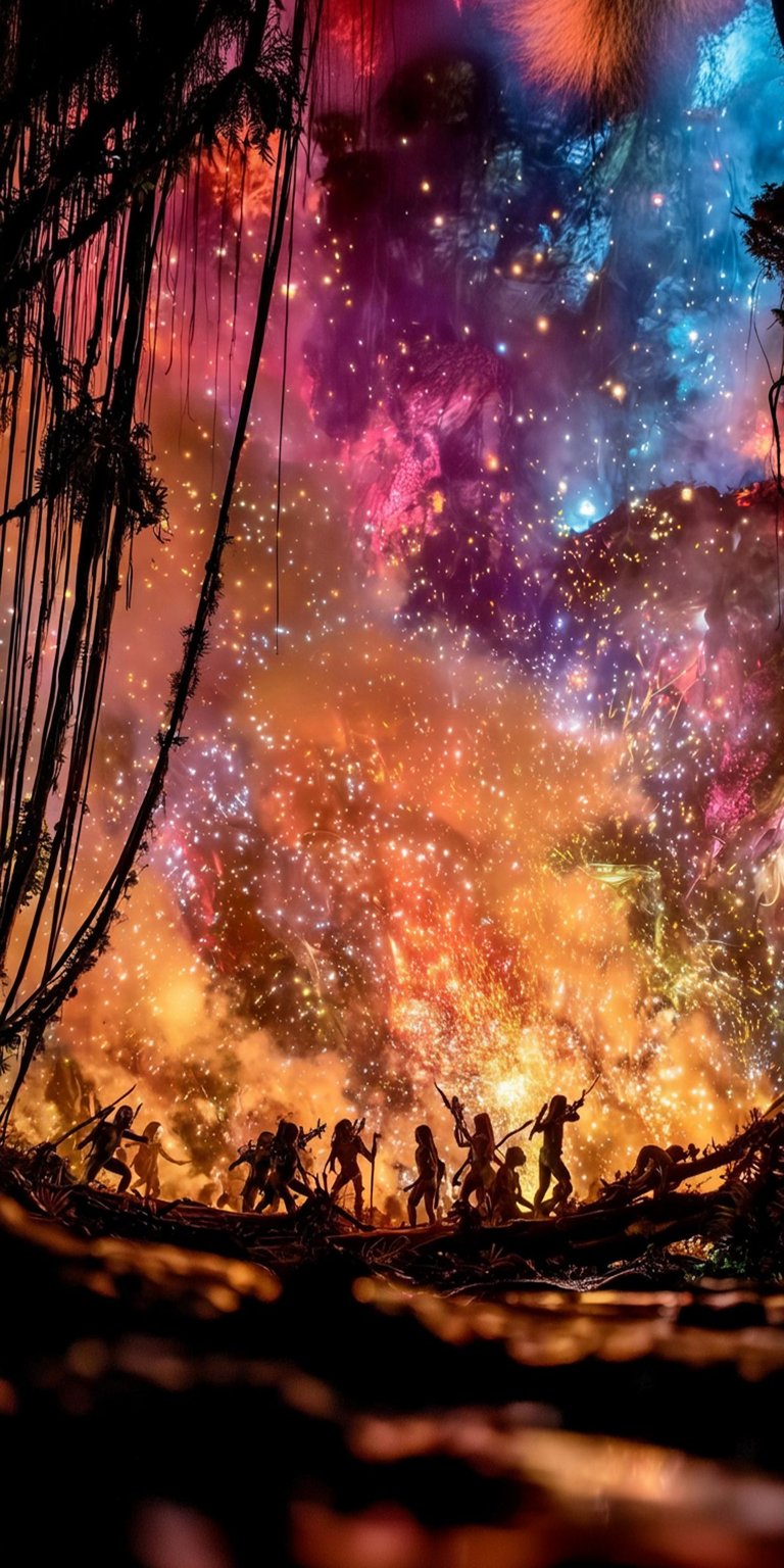 Download this stunning Avatar wallpaper in 4K resolution for your iPhone! The image showcases silhouetted figures against a backdrop of vibrant, exploding colors and hanging vines.
