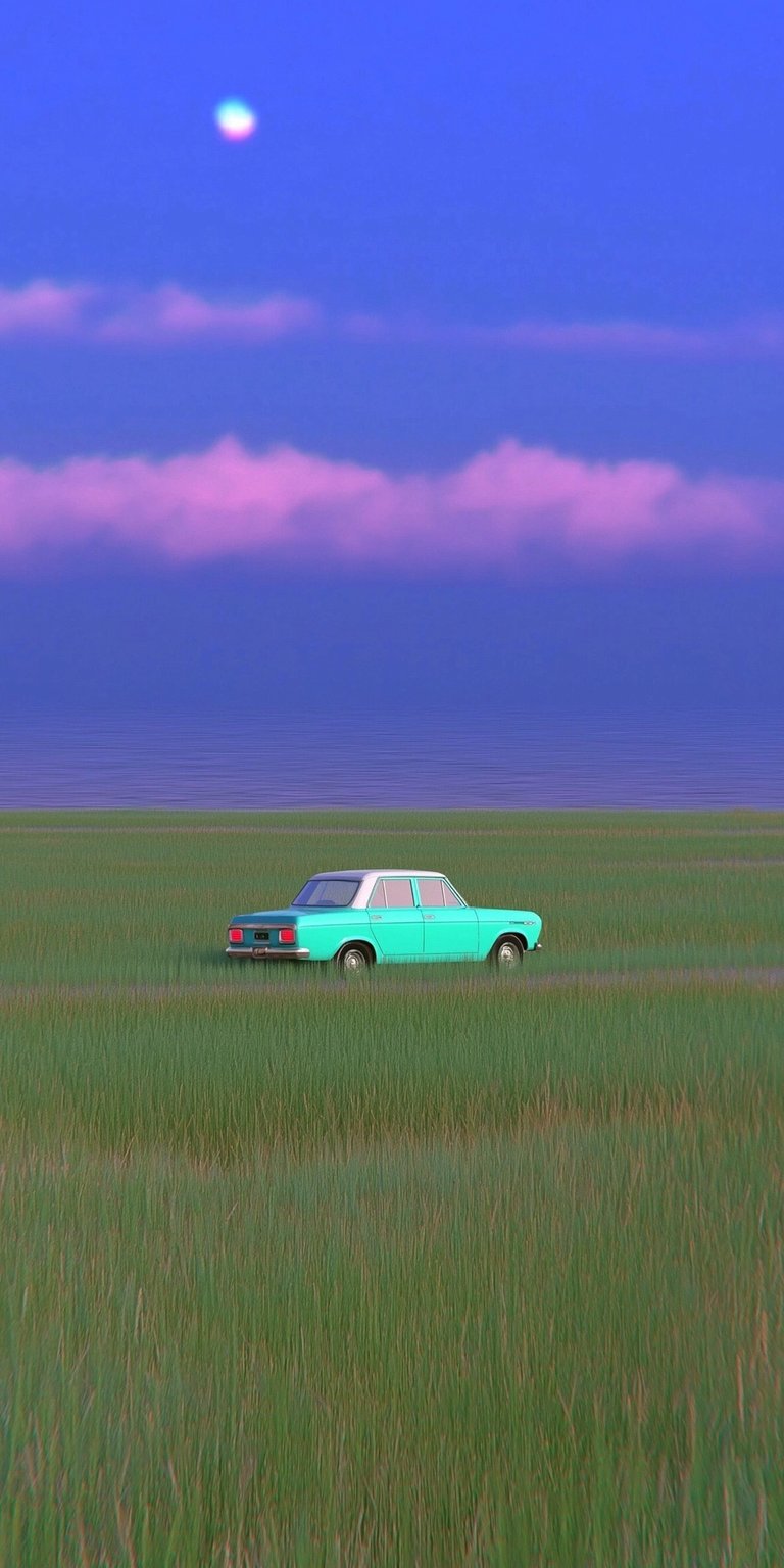 Download this aesthetic teal car wallpaper in 4K for your iPhone. The car is parked in a large grassy field under a dreamy purple sky with a moon.