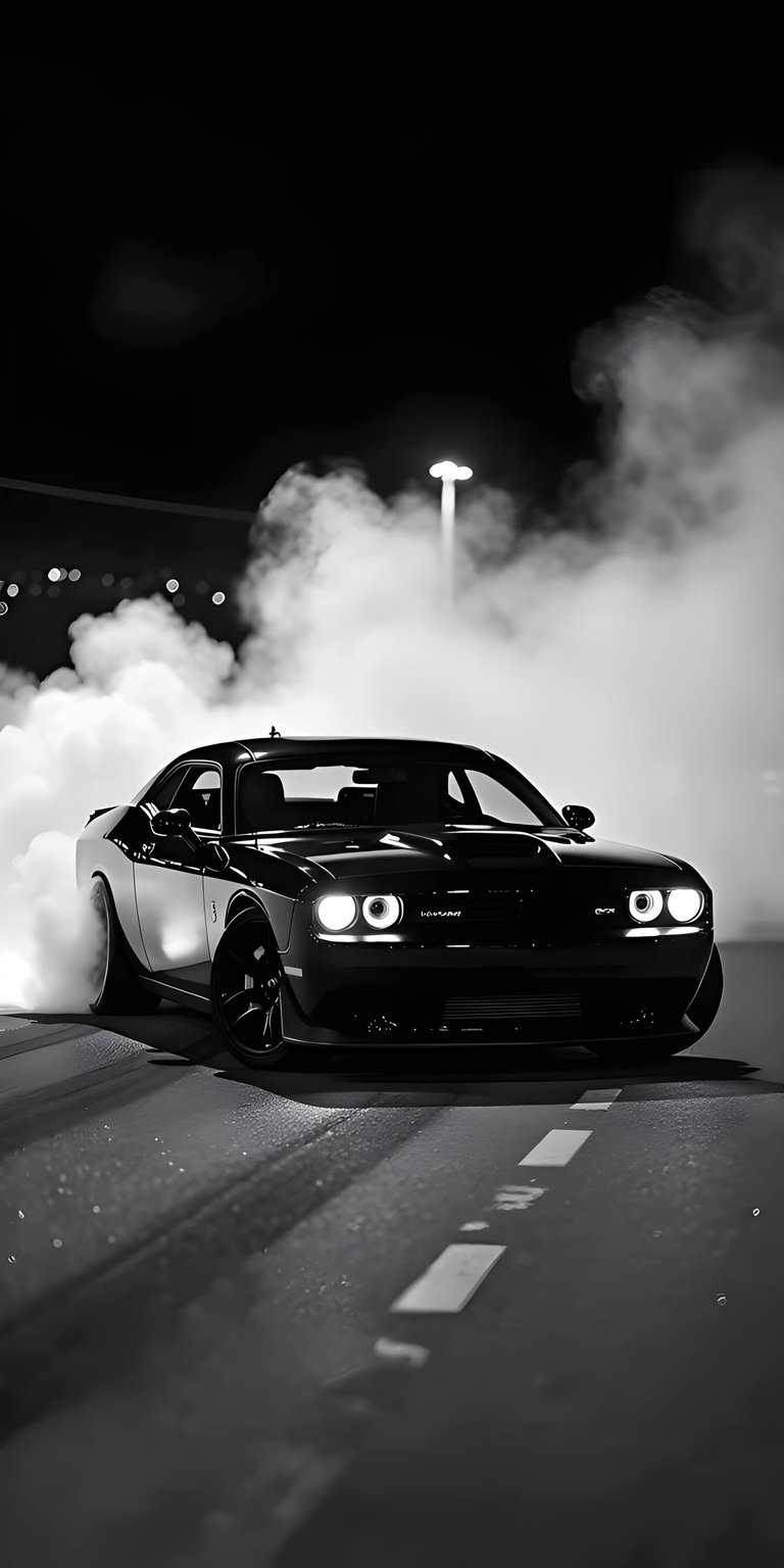 This Dodge Challenger 4K wallpaper features a menacing black muscle car performing a burnout amidst thick white smoke. Perfect as an OLED wallpaper for iPhone, the image showcases dramatic monochrome lighting and a high-contrast nocturnal mood.