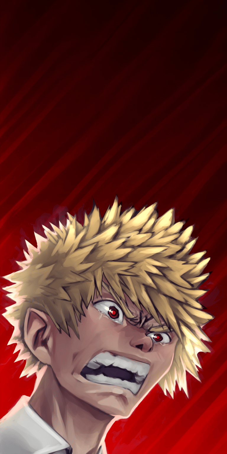 Download this high-quality Bakugo 4K wallpaper for your iPhone, featuring his intense red eyes, spiky blond hair, and fiery red background. This awesome wallpaper will bring your phone to life!