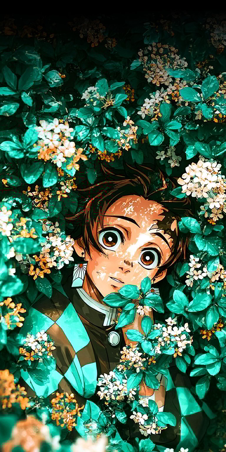 Tanjiro Kamado flowers around wallpaper iPhone 4K
