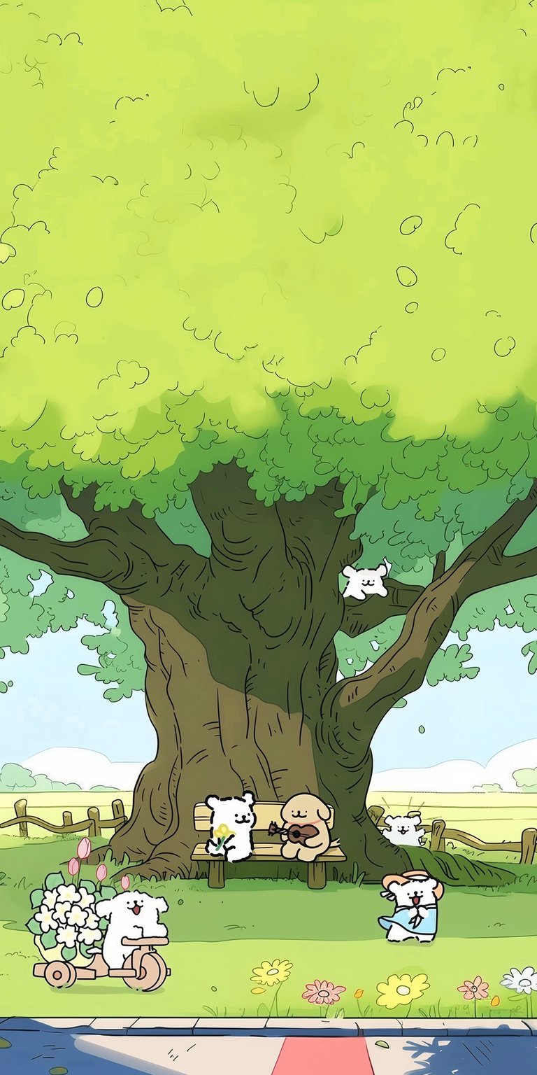 A vibrant and heartwarming 4K wallpaper featuring the beloved Doggo Friends characters enjoying a sunny day outdoors. The scene shows the cute pups and their bird companion scattered around a massive, lush green oak tree in a blooming meadow. This high-definition illustration captures a playful and refreshing nature aesthetic, perfect for an uplifting home screen.