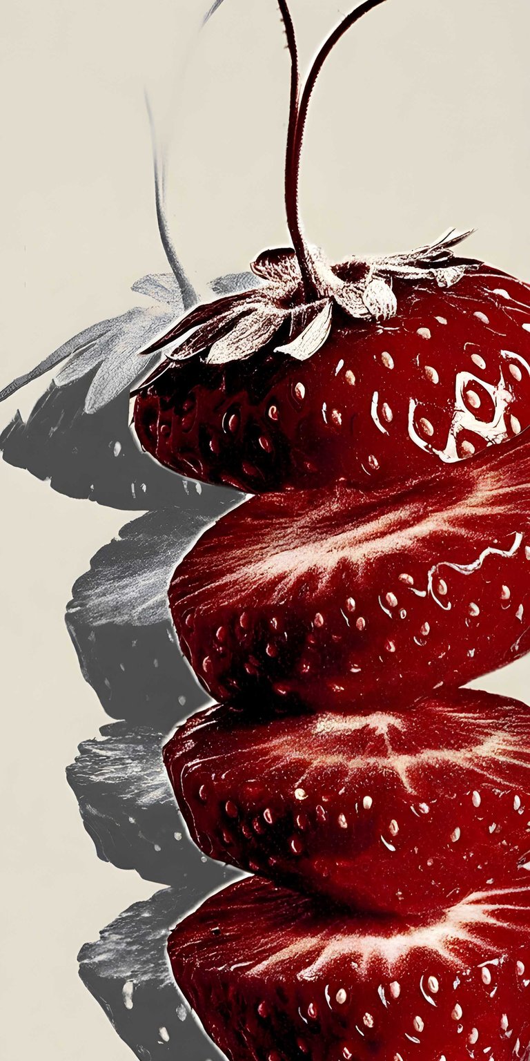 Get this stunning strawberry wallpaper for your iPhone, showcasing a stack of vibrant red strawberries in 4K. The wallpaper features a stylized background shadow and visible seeds, adding unique visual elements.