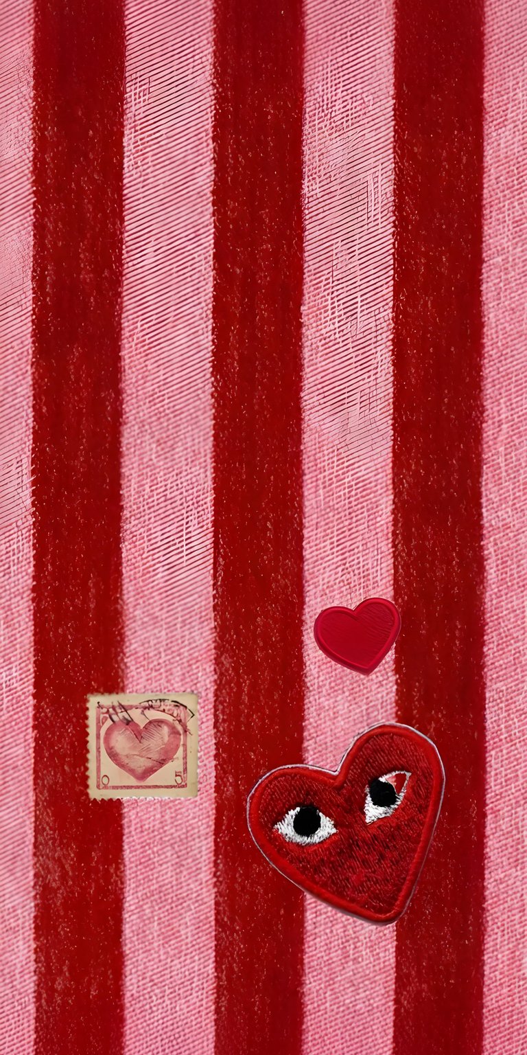Brighten your iPhone with this vibrant Comme des Garcons wallpaper in 4K. The design features iconic heart logos, a vintage stamp, and bold red and pink stripes.