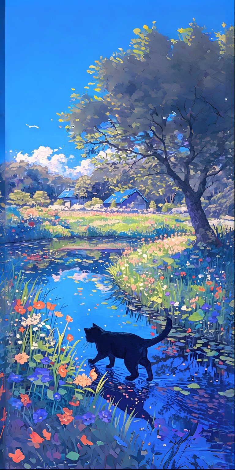 Cat walking in nature painting wallpaper mobile HD