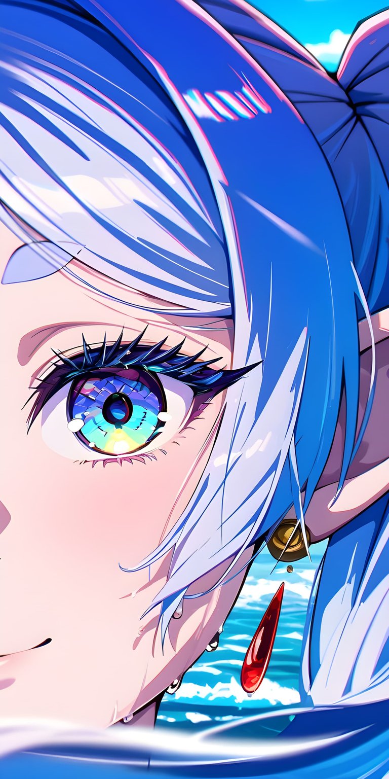 This 4K wallpaper features a vibrant close-up of La+ Darknesss with detailed multi-colored eyes. Designed for iPhone, this aesthetic wallpaper utilizes bright blue tones and high-contrast digital art to create a striking mobile background.