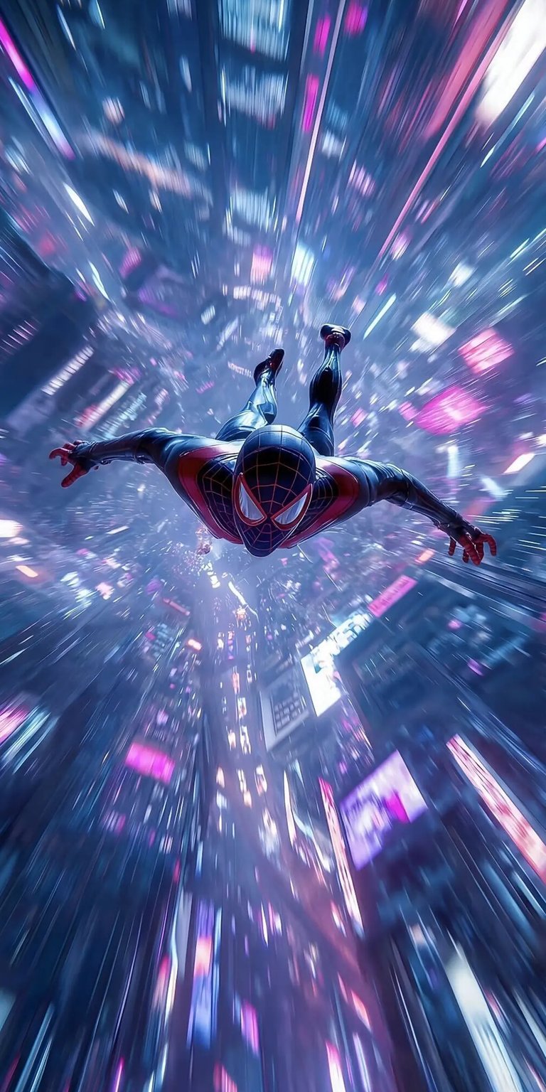This 4K static wallpaper features Miles Morales performing a cinematic leap of faith through a neon-drenched city. Perfect for your iPhone, this aesthetic wallpaper captures high-speed motion with vibrant pink and blue light trails against a dark urban backdrop.