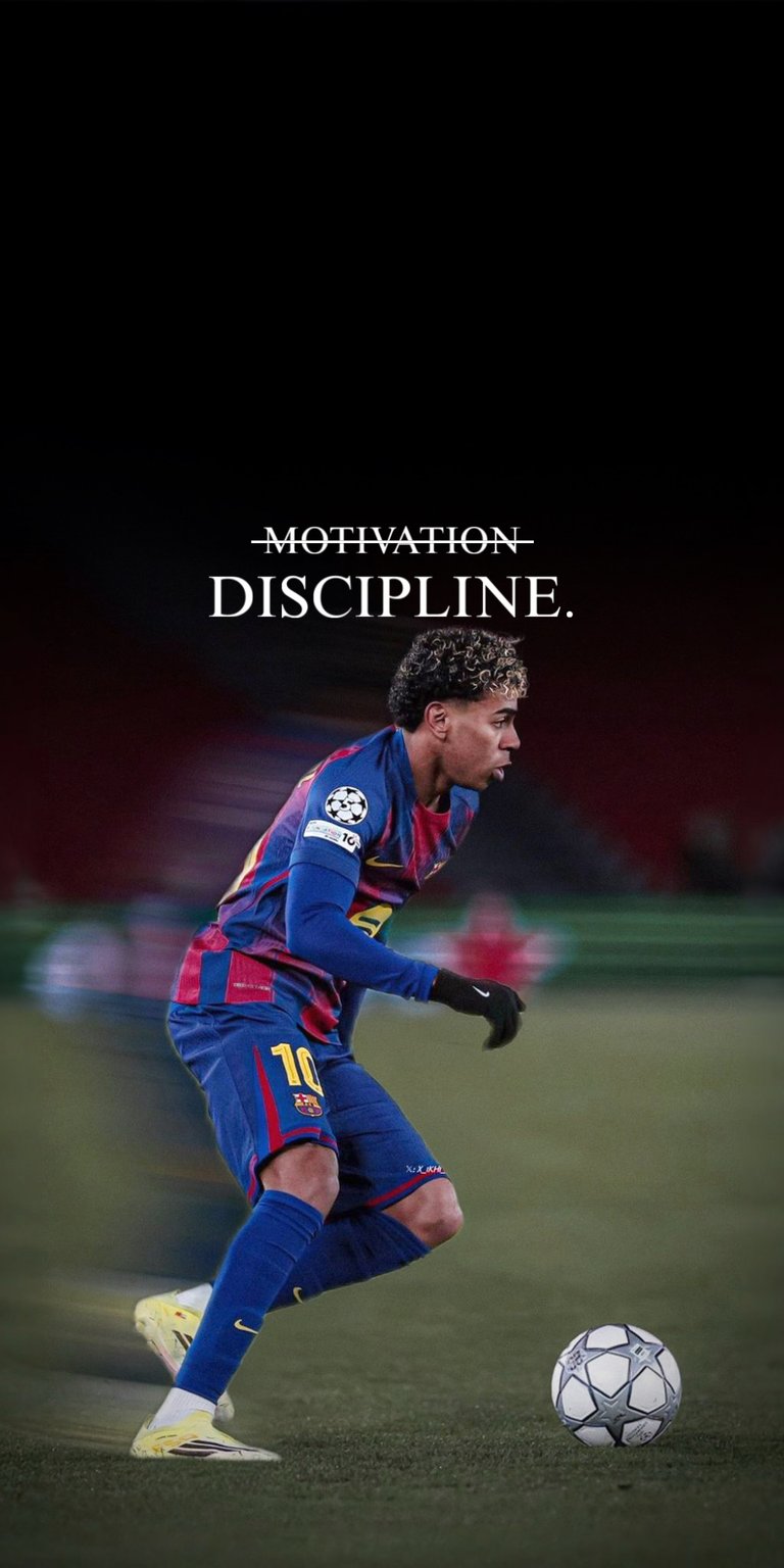 Get this lamine yamal 4K wallpaper for your iPhone, showcasing the Barcelona player in motion. This wallpaper highlights the dynamic action with blurred grass and the words "Motivation Discipline" displayed at the top.