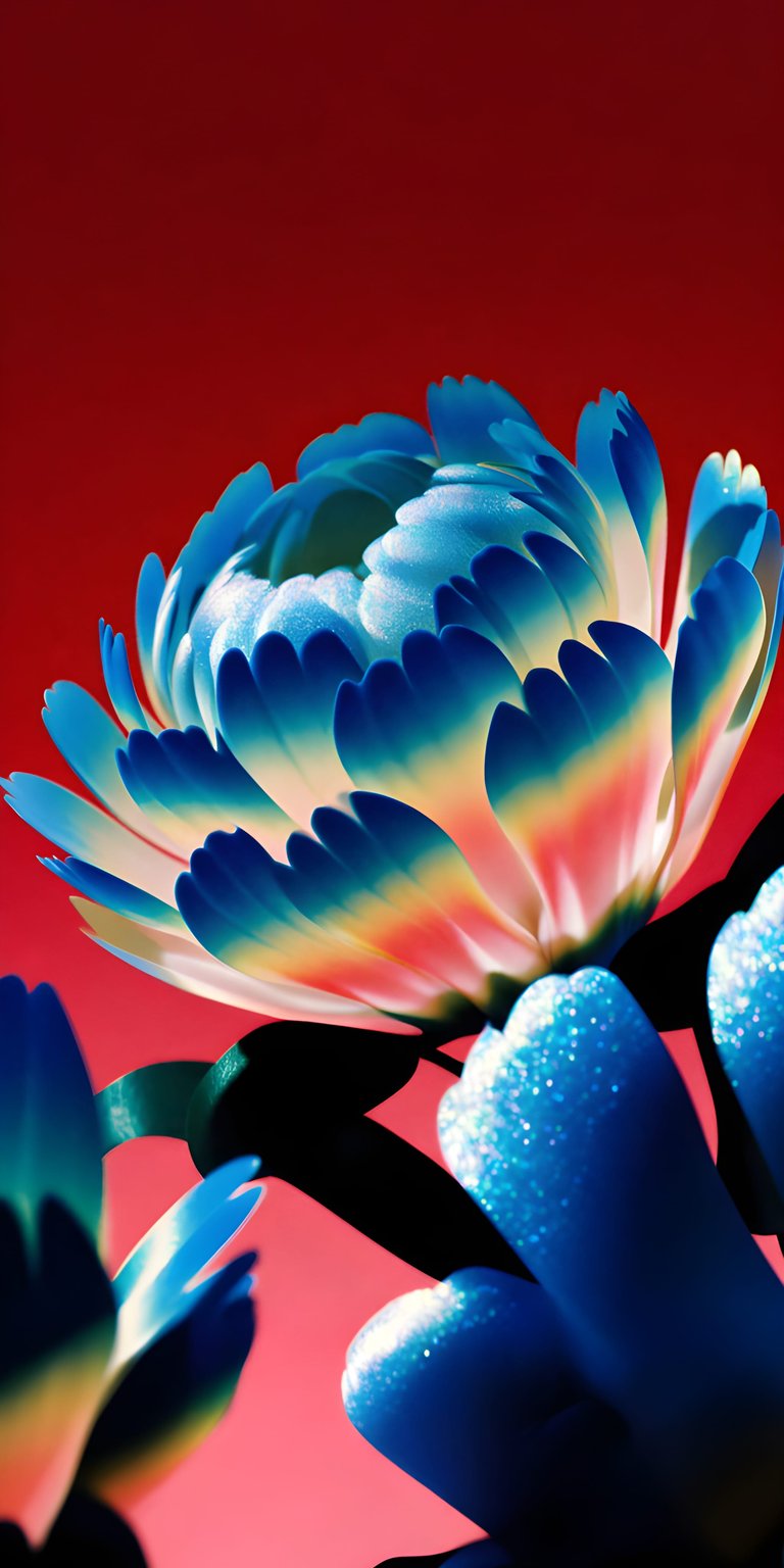 A breathtaking macro view of a surreal, glowing flower. The petals feature a stunning gradient from deep royal blue to soft pink and vibrant orange, reminiscent of "Avatar" or alien flora. The lighting highlights the velvet-like texture of the bloom, making it a perfect choice for fans of high-fantasy and nature-inspired art.