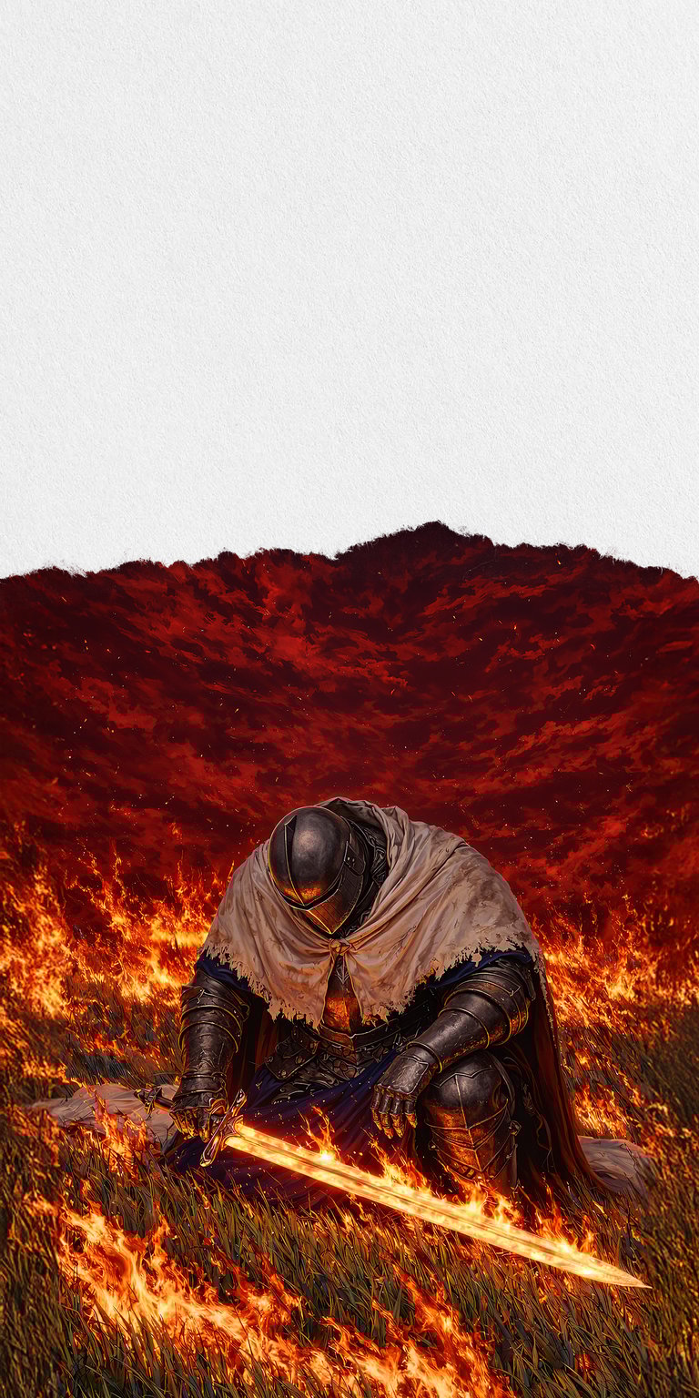 A stunning 4K tribute to the Dark Souls series, featuring a knight reminiscent of the Soul of Cinder or the Chosen Undead kneeling at the end of an age. Plunging a flaming Coiled Sword into the ash-covered earth, this wallpaper captures the atmospheric "First Flame" aesthetic. Perfect for fans of FromSoftware, featuring high-contrast embers, a blood-sun horizon, and detailed battle-worn armor.