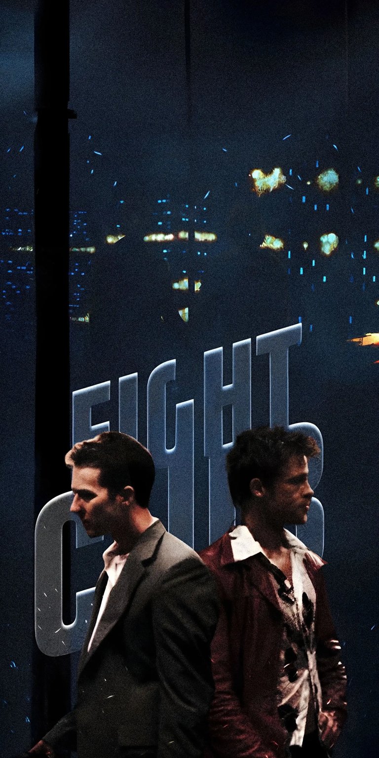 Grab this striking Fight Club wallpaper in 4K resolution for your iPhone! Featuring Tyler Durden and the Narrator standing back to back, it also shows a cityscape in the background and the movie title in a metallic font.