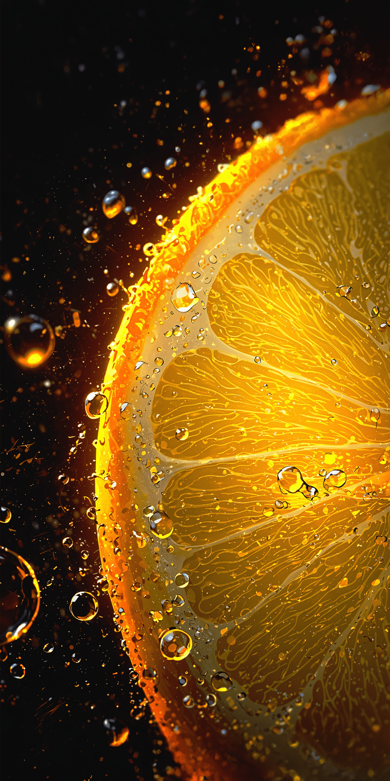 Download this vibrant Orange slice 4K wallpaper for your iPhone today. This wallpaper features a juicy orange slice with glistening water droplets and a dark background.