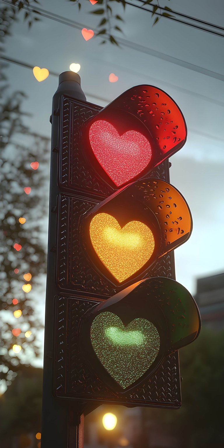 This aesthetic wallpaper features a unique traffic light with glowing red, amber, and green heart-shaped lenses. The 4K mobile background showcases soft bokeh lighting and a cinematic outdoor atmosphere perfect for your iPhone.