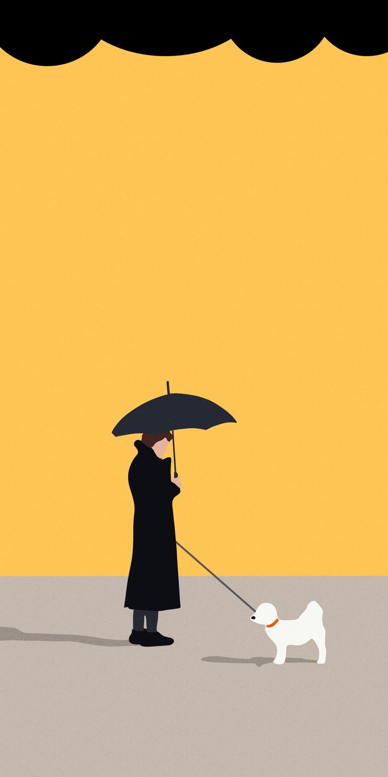 Minimalist simple man with a dog and white dog with yellow background wallpaper