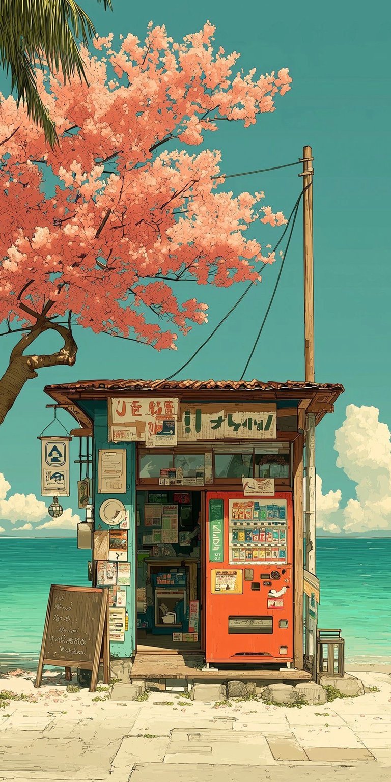 Vibrant beach kiosk 4K wallpaper perfect for your iPhone. Admire the cherry blossom tree, the vintage vending machine, and the turquoise ocean waves in this stunning wallpaper.