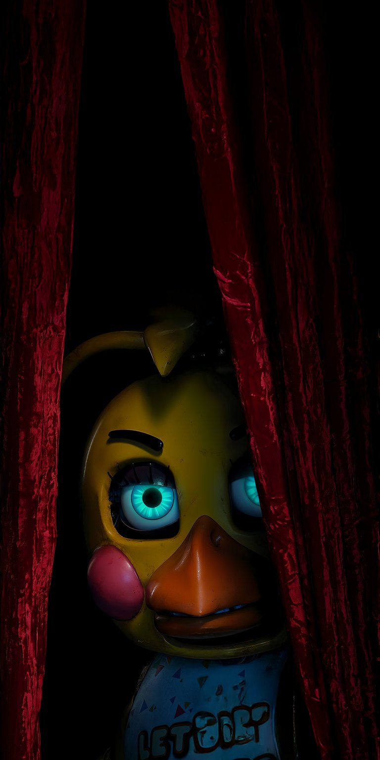 Bring the suspense to your iPhone with this Toy Chica 4K wallpaper, featuring glowing turquoise eyes and partially hidden behind velvet red curtains. This wallpaper perfectly captures the eerie essence of the animatronic character.