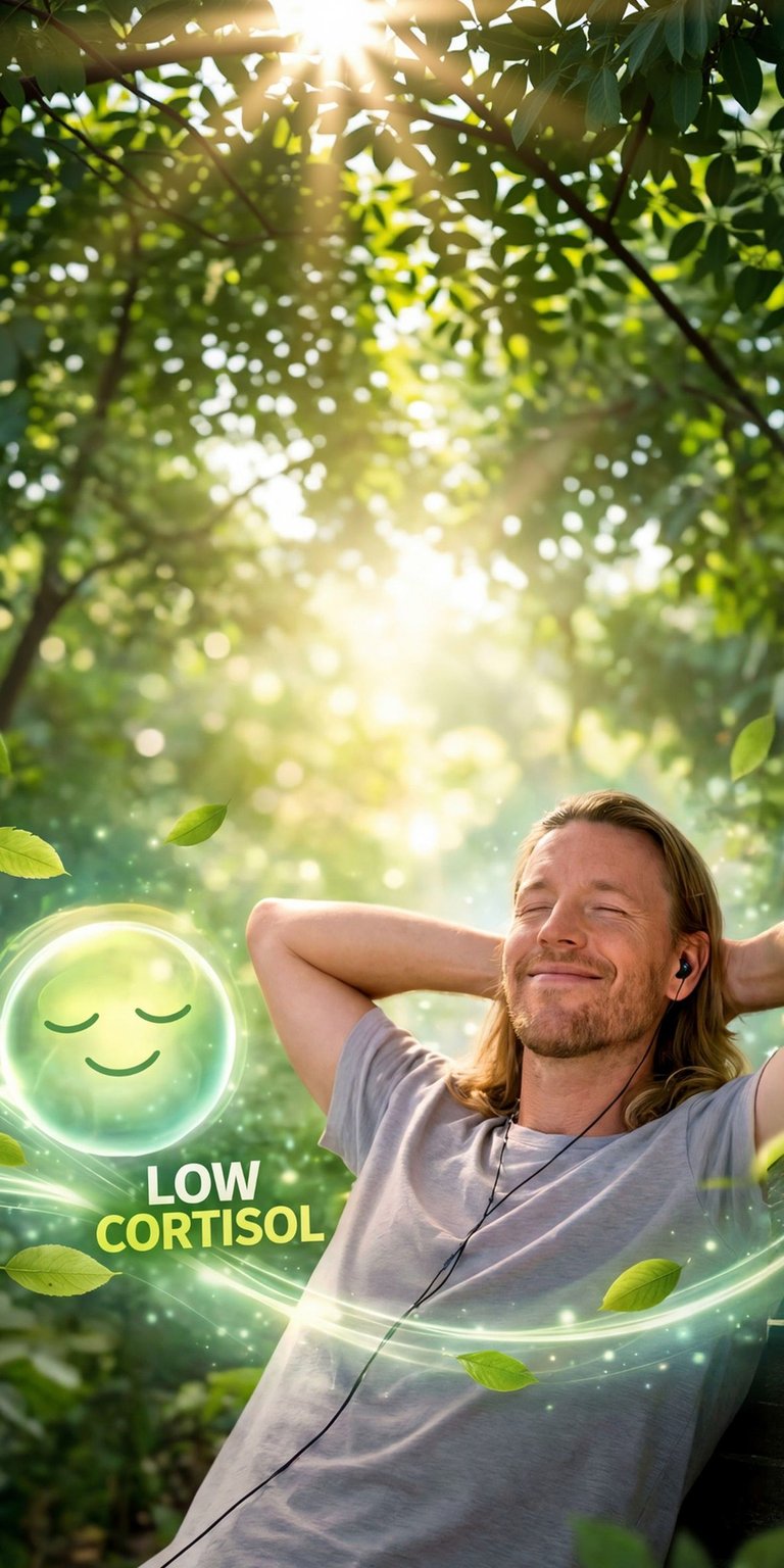 Download this 4K wallpaper featuring a relaxed man with long hair and earbuds with a "low cortisol" graphic on it for your iPhone. The sunlight filters through the trees, creating a peaceful background for this serene wallpaper.
