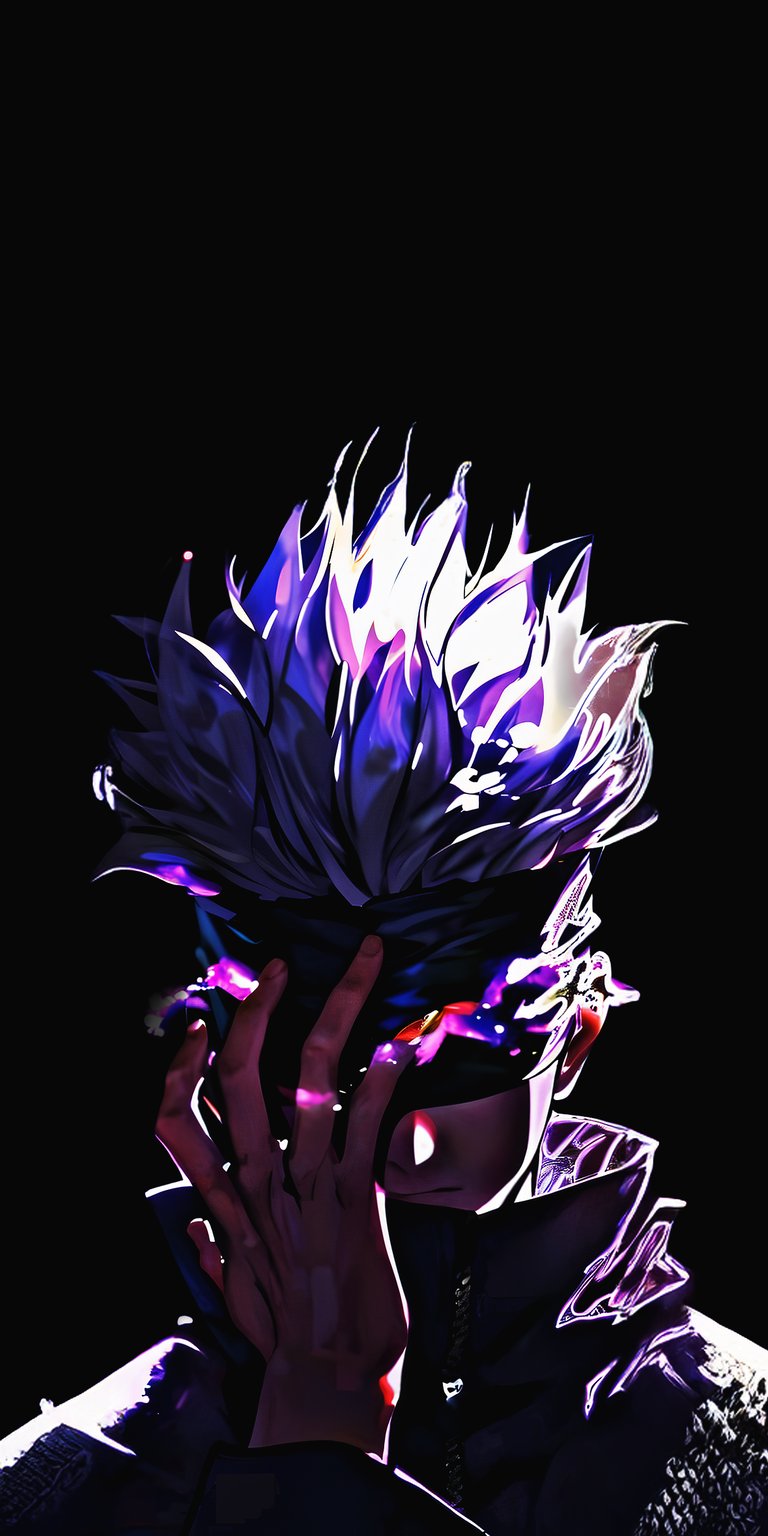 Download this striking Gojo Satoru 4K wallpaper for your iPhone, featuring his signature blindfold and spiky white hair. The wallpaper showcases the character's mysterious aura with neon highlights that illuminate his hand.