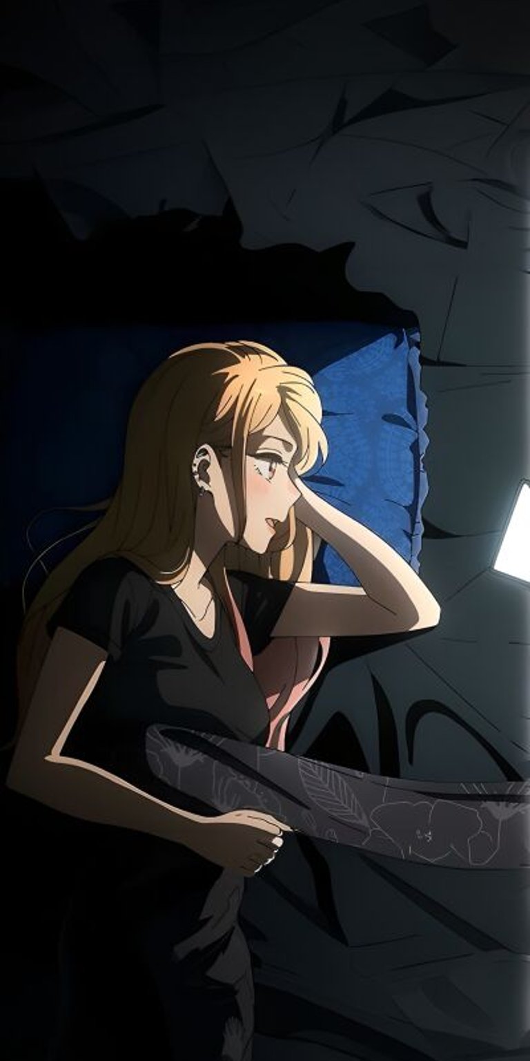 This is a matching Marin Kitagawa wallpaper in 4K resolution designed for iPhone users. Get this unique wallpaper featuring Kitagawa in bed with light reflecting off her earrings and on her shirt.