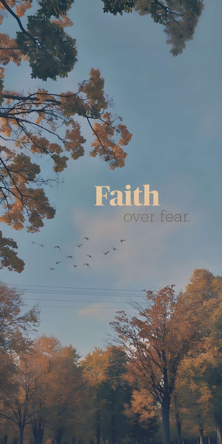 Download this stunning Faith Over Fear 4K wallpaper for your iPhone, showcasing a flock of birds soaring through a serene sky. The wallpaper features beautiful trees with golden leaves against a soft blue backdrop.