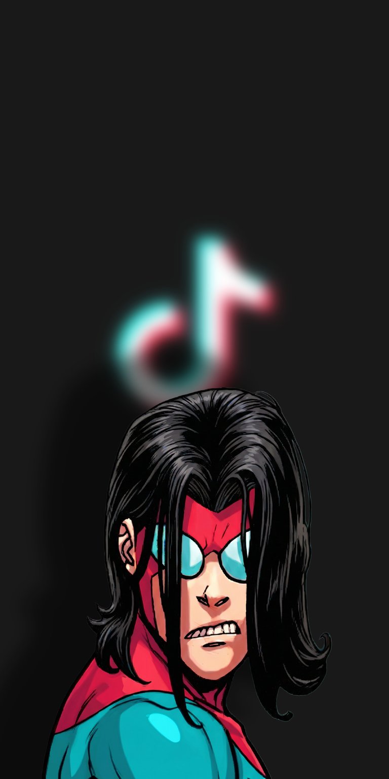 Invincible stands in front of a glowing, blurred TikTok logo in this high-contrast aesthetic wallpaper. This 4K wallpaper is perfect for an iPhone lock screen seeking a modern comic book vibe.