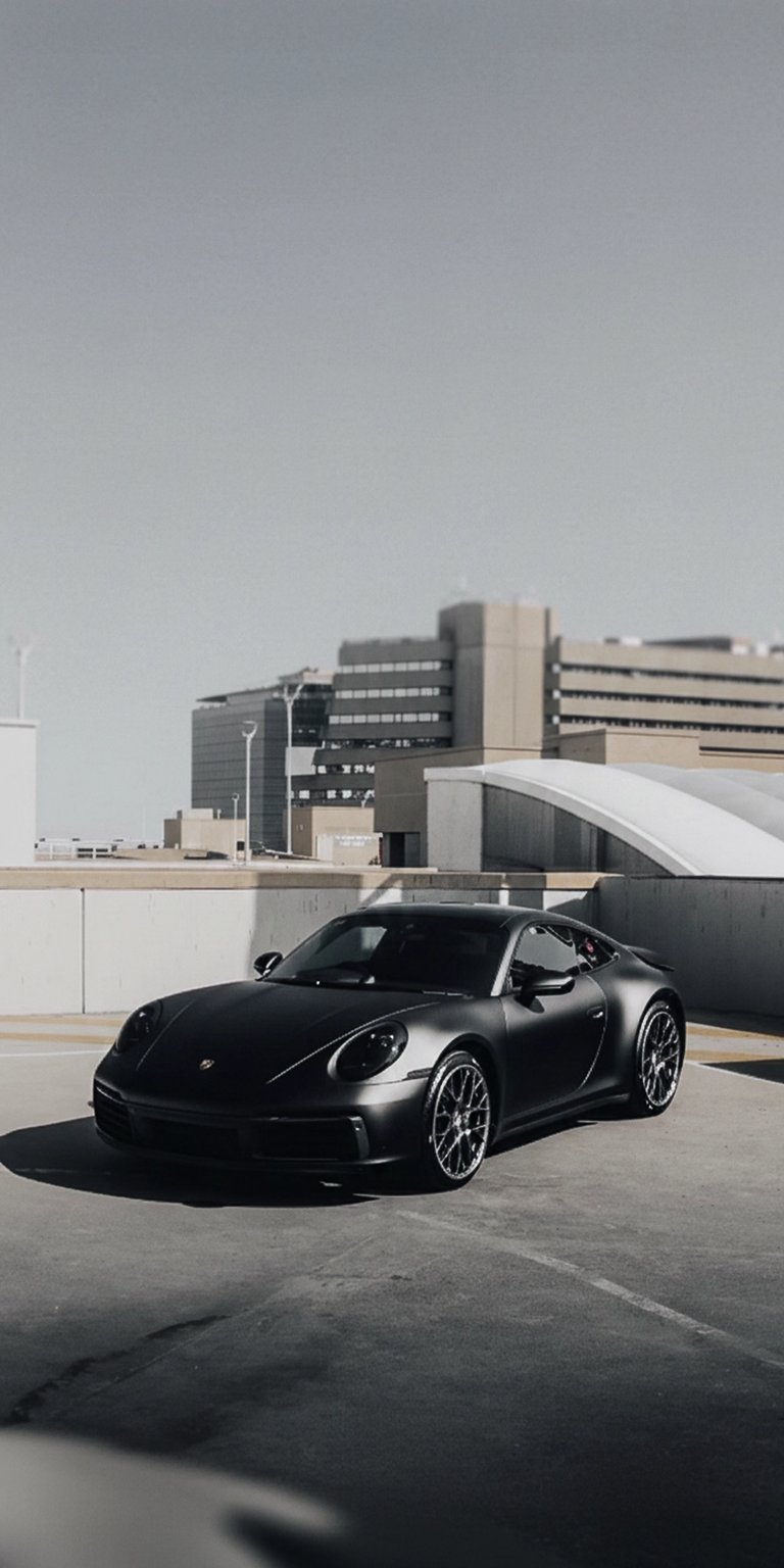 Download this Porsche wallpaper in stunning 4K for your iPhone. This wallpaper showcases a sleek, matte black sports car parked on a rooftop with a modern building in the background and sunlight casting shadows.
