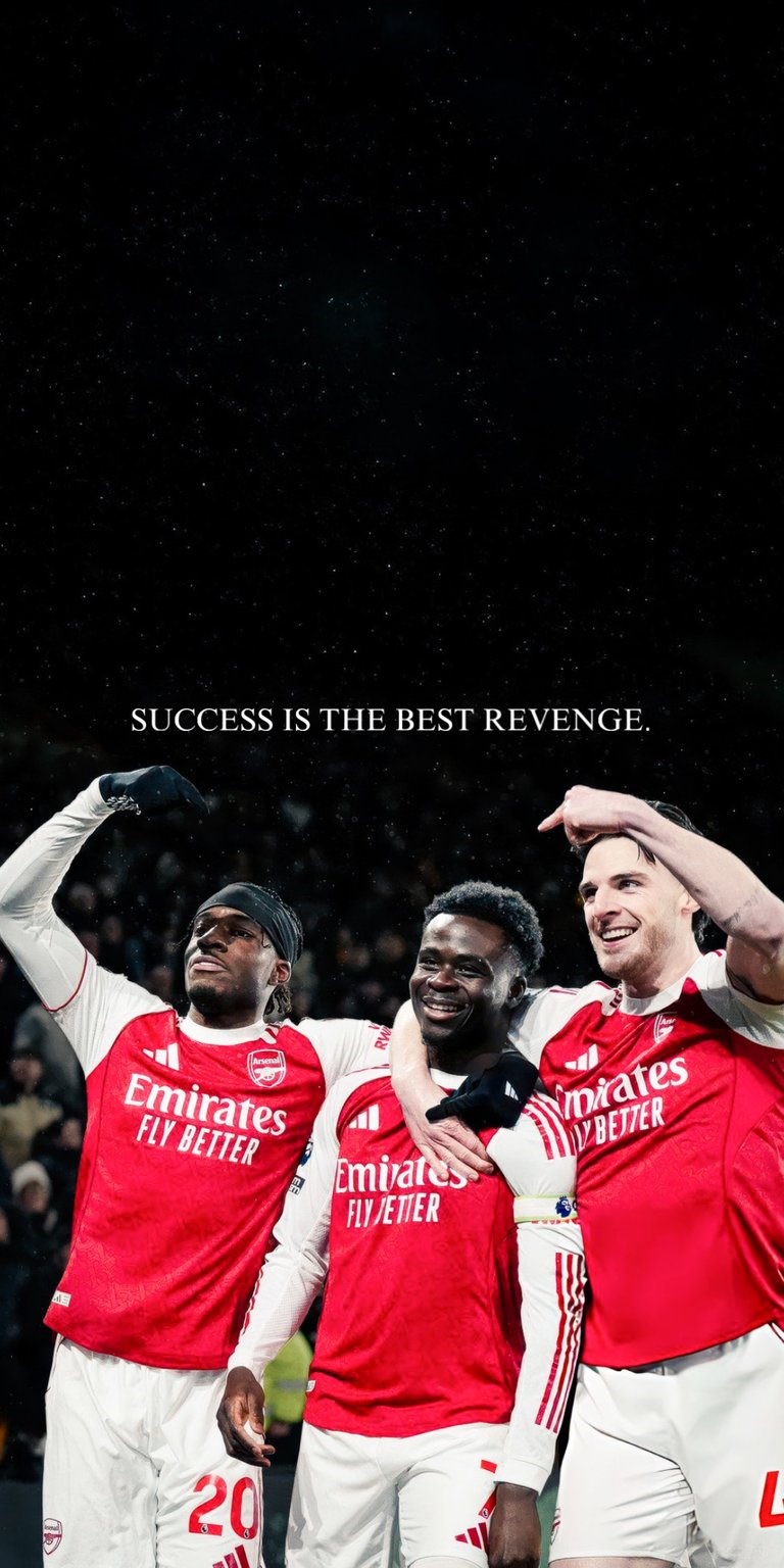 A vibrant sports wallpaper showcasing three football teammates celebrating together on the pitch. This iPhone wallpaper captures the spirit of teamwork with bright red and white jerseys and a clean stadium backdrop.