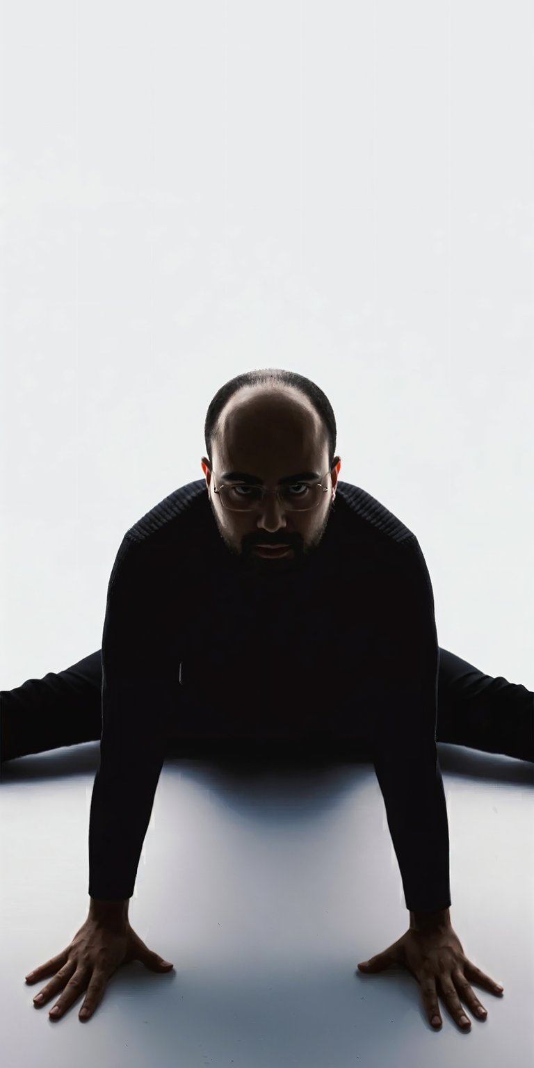 This aesthetic wallpapers features Danny Slicer in a dramatic silhouette performing a floor split. The 4K wallpaper highlights a bold monochromatic contrast between the dark figure and a bright white background for a clean iPhone look.