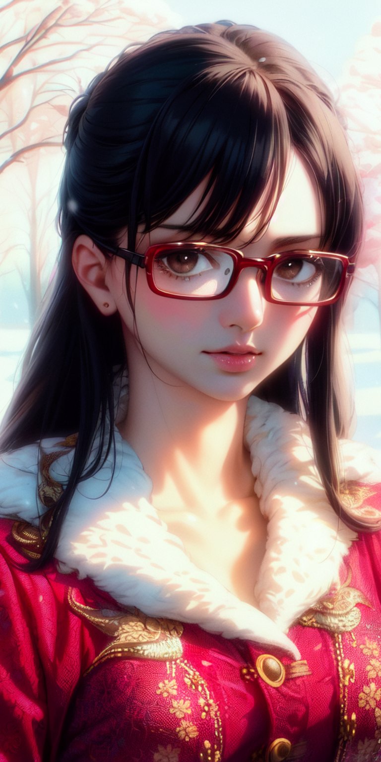 This 4K wallpaper features a detailed anime girl wearing stylish red glasses and a lavish winter coat against a snowy forest. It is a perfect choice for an iPhone aesthetic wallpapers collection, offering soft lighting and vibrant crimson tones.