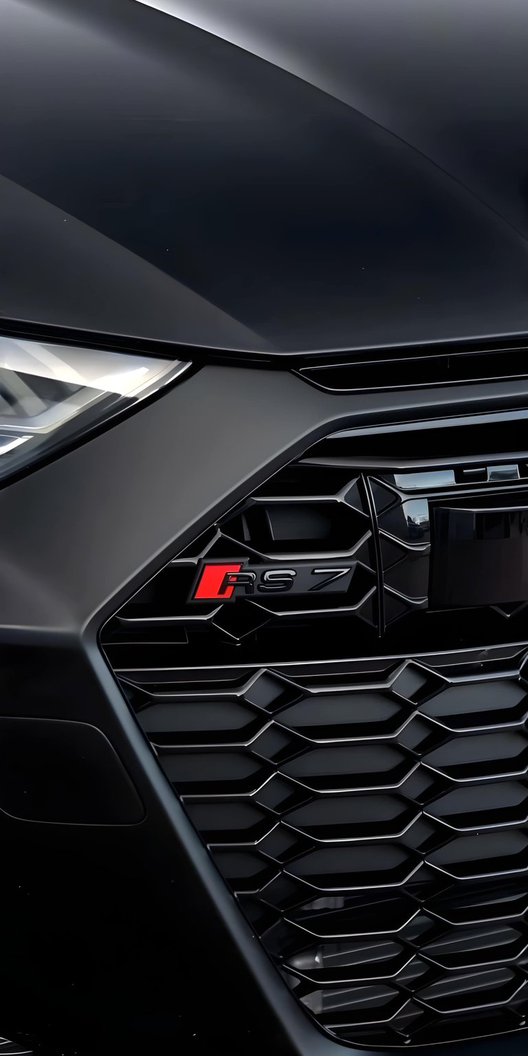 This 4K wallpaper features a high-contrast close-up of a matte black Audi RS7 grille, perfect for an OLED / AMOLED wallpapers aesthetic. The sharp red RS7 emblem stands out against the dark honeycomb mesh, providing a sleek and premium look for your iPhone.