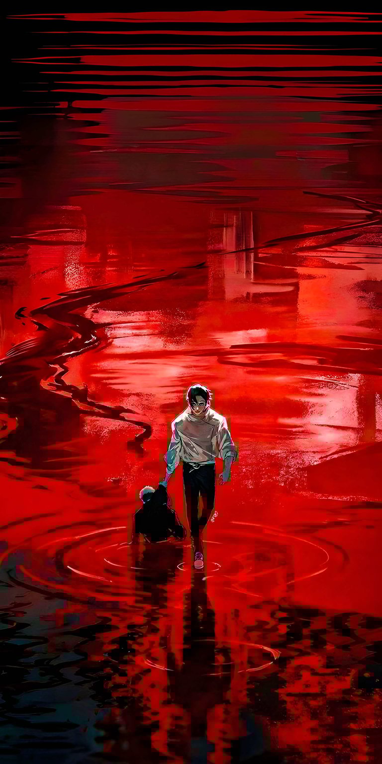 This Yuta Okkotsu JJK 4K wallpaper features a striking blood-red water reflection and painterly textures that create a haunting atmosphere for your iPhone. Download this premium mobile wallpaper to experience a unique cinematic depth effect featuring the iconic Jujutsu Kaisen protagonist on your lock screen.