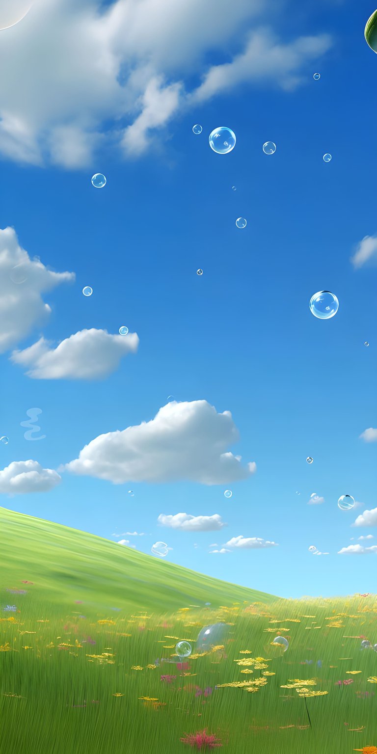 Elevate your iPhone screen with this stunning 4K wallpaper, showcasing floating bubbles against a clear blue sky and a vibrant green field. This beautiful wallpaper captures the essence of a perfect day, with fluffy white clouds and colorful wildflowers adding to the dreamy atmosphere.