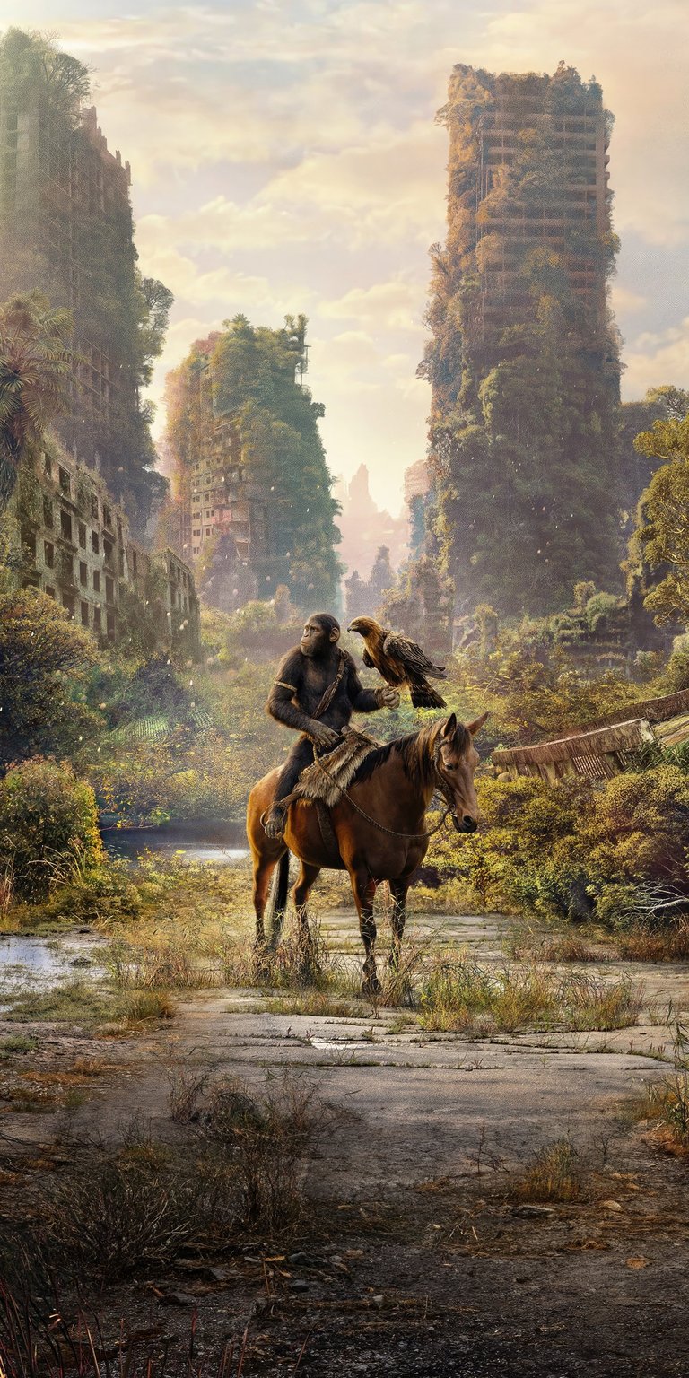 Monkey riding a horse in a forest-like city wallpaper