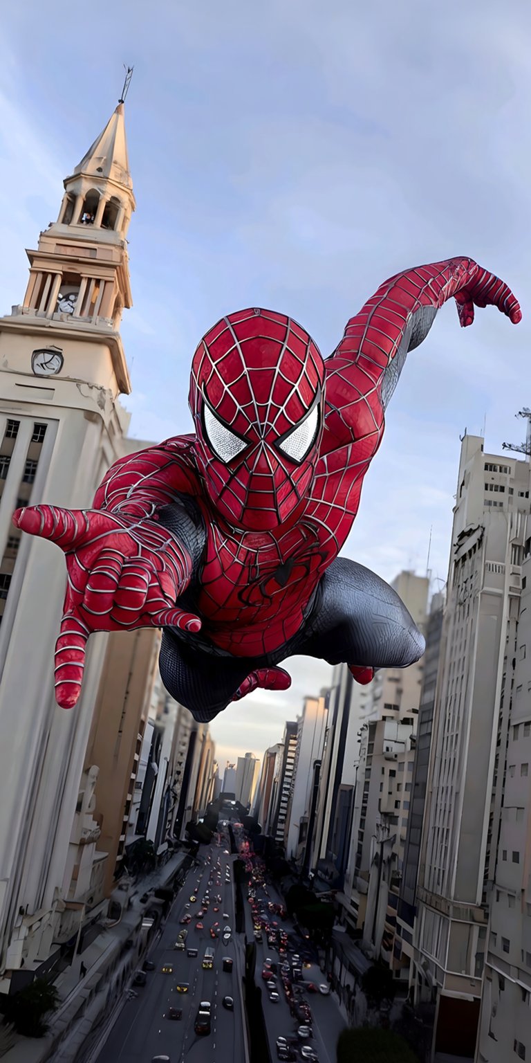 Download this Spiderman 4K wallpaper for your iPhone, featuring the iconic superhero soaring above a busy city street with a prominent clock tower in the background. The red and black suit of this dynamic wallpaper highlights Spiderman's classic design.