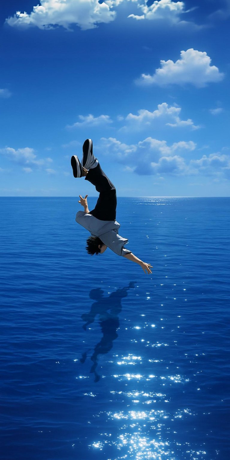 Download this stunning 4K wallpaper of an anime boy diving into the ocean for your iPhone. Glimmering sunlight dances on the water's surface as the sky fades into a horizon with fluffy white clouds.
