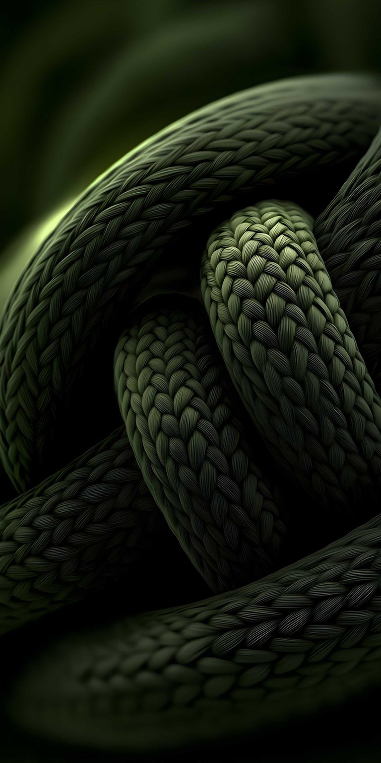 This high-quality 3D wallpaper features an intricate green braided cord with realistic fiber textures for your iPhone. Enhance your screen with this 4K resolution wallpaper that highlights detailed weaving and deep shadows.