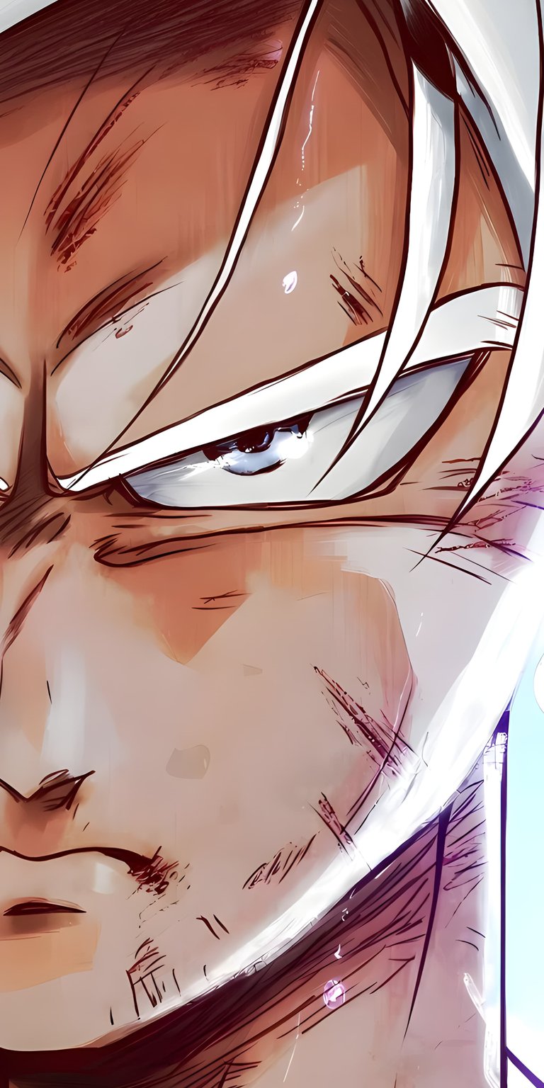 Download this striking Goku 4K wallpaper for your iPhone today. The powerful Saiyan is rendered with intense detail, showcasing his white hair, battle scars, and determined blue eye, making this a must-have wallpaper.