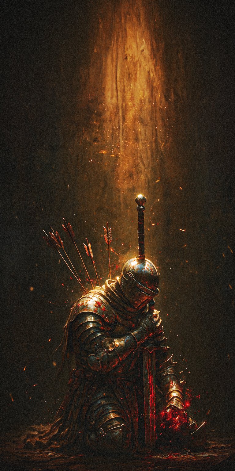 Download this incredible Dark Souls Knight 4K wallpaper for your iPhone, showcasing a battle-worn knight pierced by arrows and clutching a bloodied sword. The dramatic lighting and metallic armor make this wallpaper a must-have.