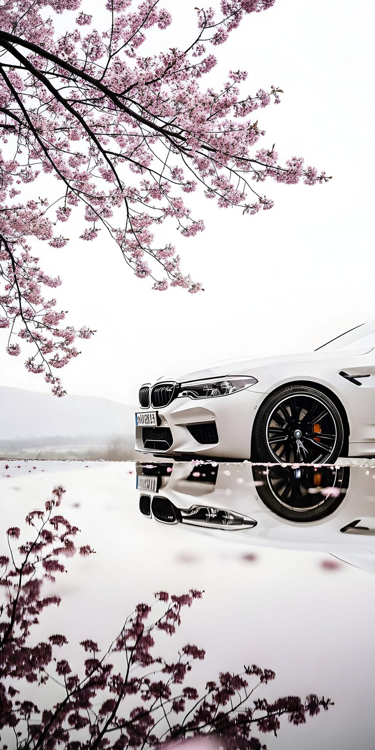 This 4K wallpaper features a sleek white BMW M5 positioned under blooming pink cherry blossoms with a stunning water reflection. Perfect for an iPhone lock screen, this high-resolution background blends automotive power with a serene, natural aesthetic.
