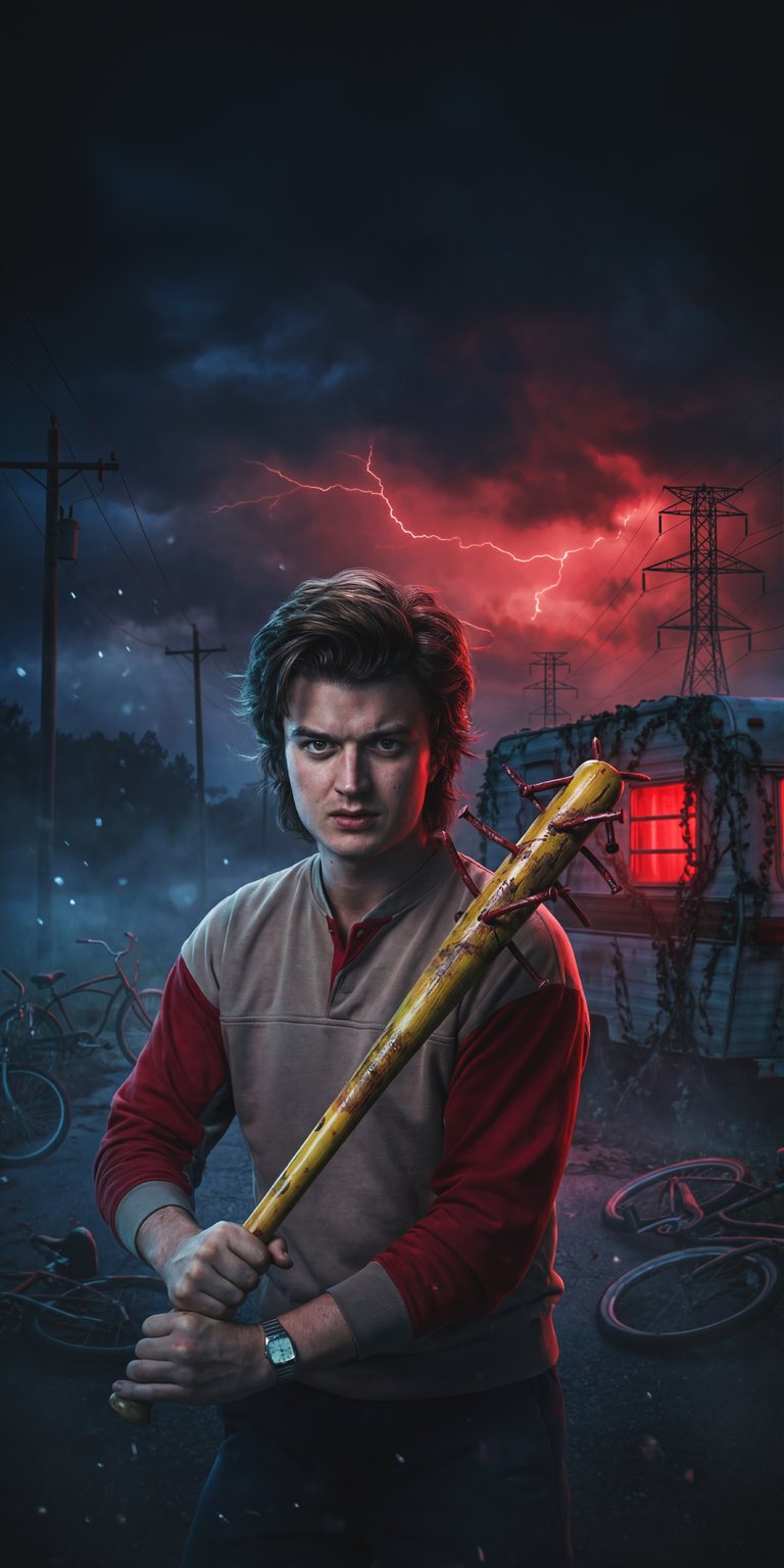 Download this intense Steve Harrington 4K wallpaper for your iPhone, featuring him holding a nail-studded bat against a backdrop of ominous red lightning and a dilapidated trailer. This wallpaper captures the essence of a thrilling scene, making it perfect for fans.