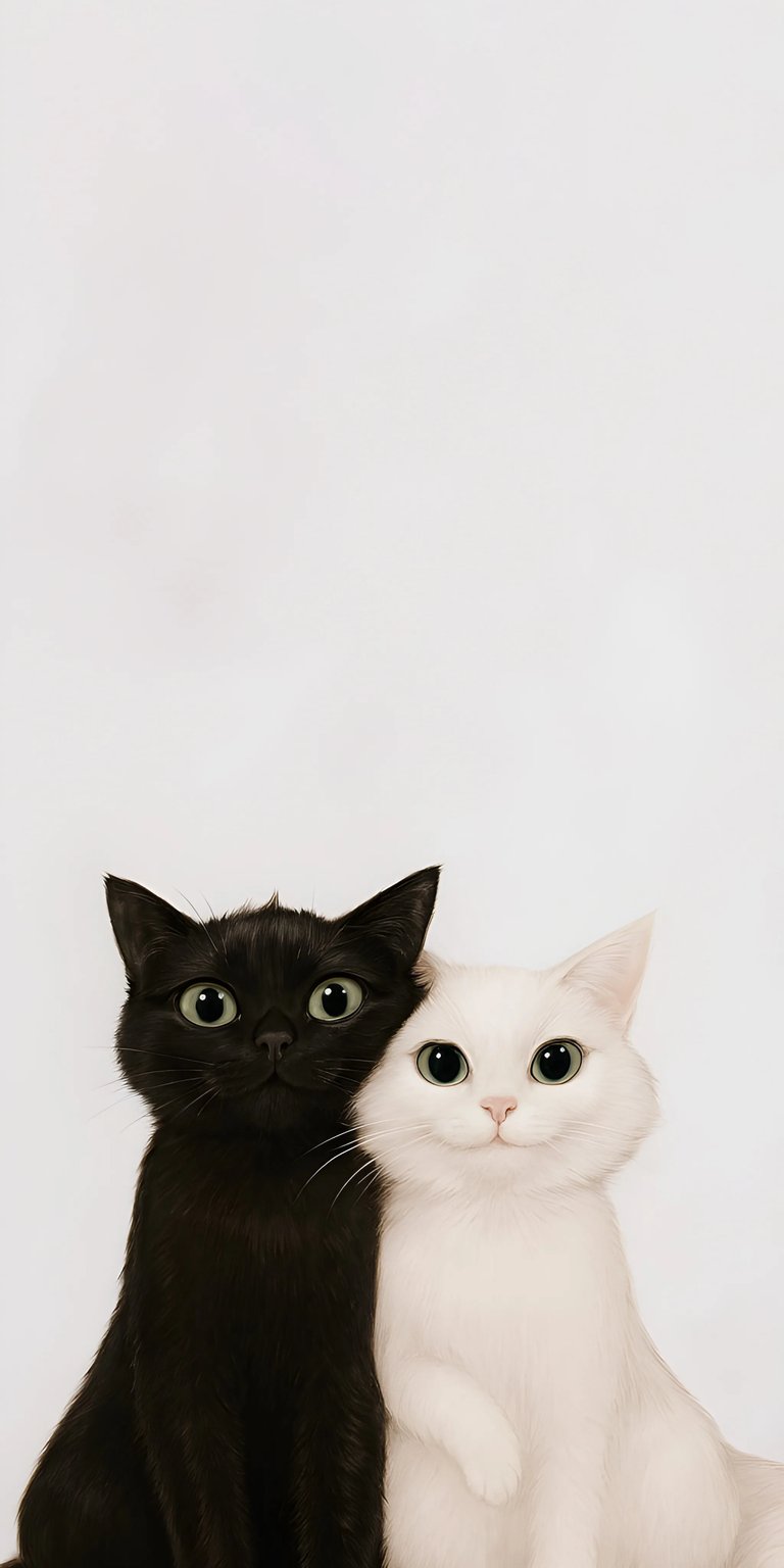 An adorable and simple 4K wallpaper featuring a contrasting pair of black and white cats sitting together, set against a clean white background. This charming image is perfect for cat lovers and anyone seeking a cute, bright, and heartwarming aesthetic for their phone. The simplicity of the background ensures the focus remains on the beautiful animals.