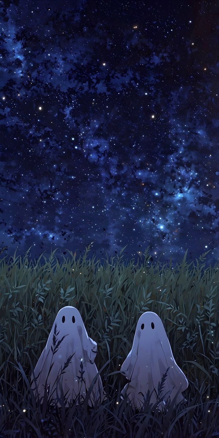 Two ghosts standing on the field with a starry night wallpapers