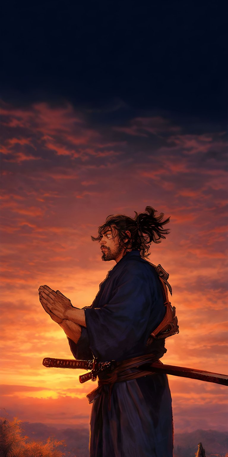 Download this Ghost of Tsushima 4K wallpaper for your iPhone, showcasing the samurai's ponytail, hands together in prayer, and his katana. This striking wallpaper captures the essence of the game.