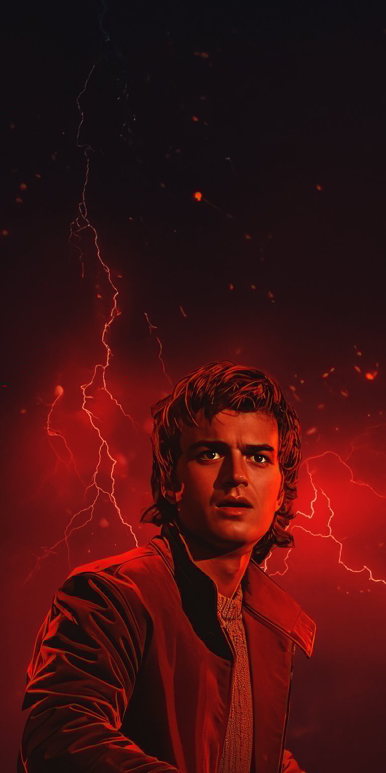 Download this dynamic Steve Harrington 4K wallpaper for your iPhone, showcasing a concerned expression against a backdrop of intense red lightning. This striking wallpaper features Steve wearing a stylish jacket and sweater, capturing a dramatic moment.